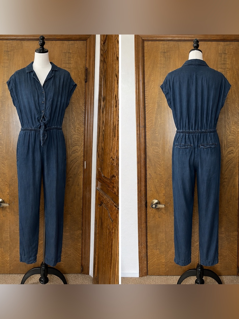 Cloth & Stone Anthropologie Denim Chambray Tie Front Jumpsuit Size Medium